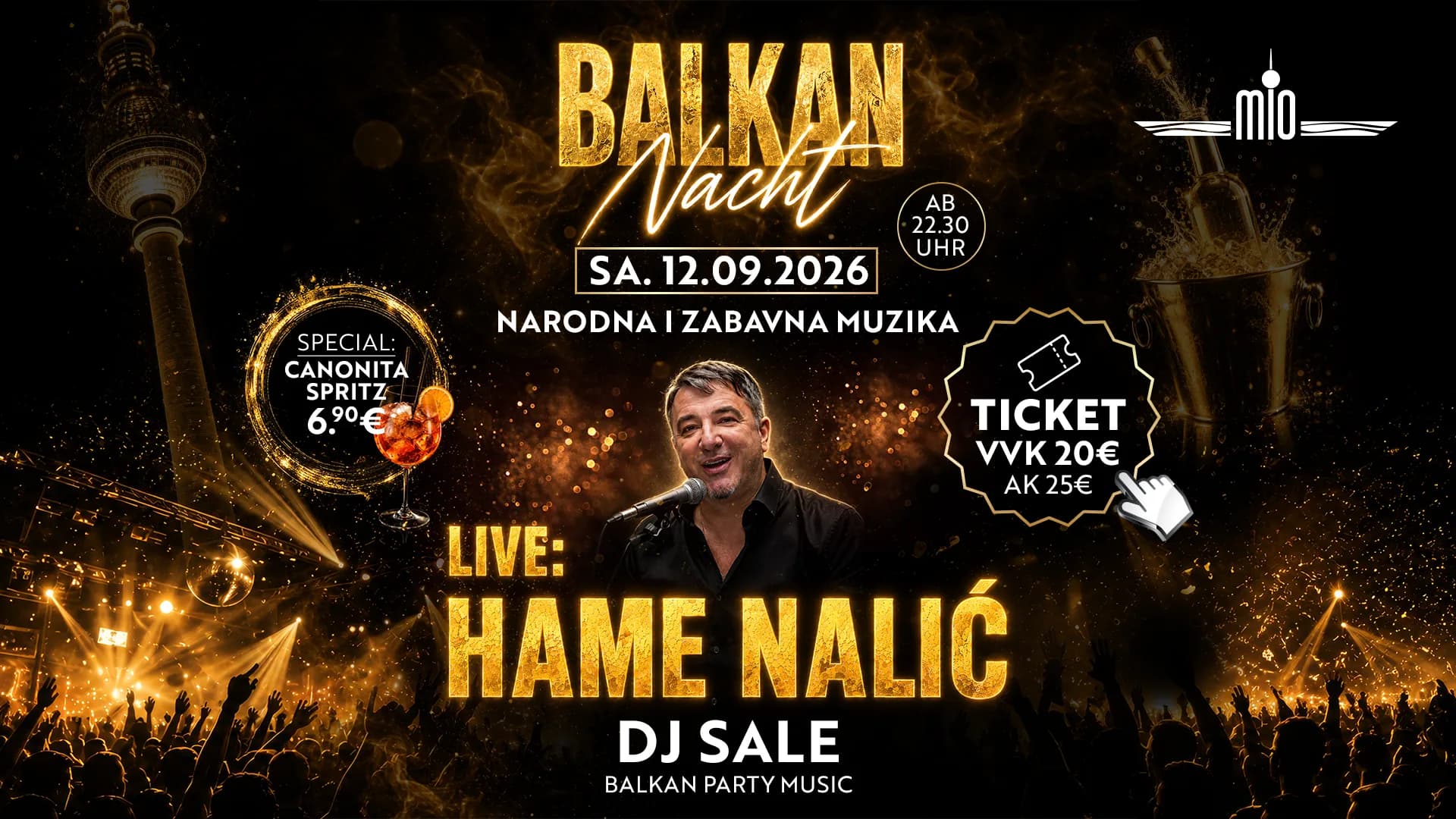 Balkan Night at MIO Berlin — poster: live Hame Nalić, DJ Sale, Saturday 12 Sep 2026 from 10:30 pm