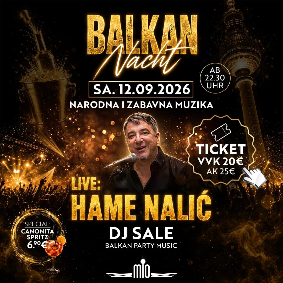 Balkan Night at MIO Berlin — square poster with Hame Nalić live and DJ Sale