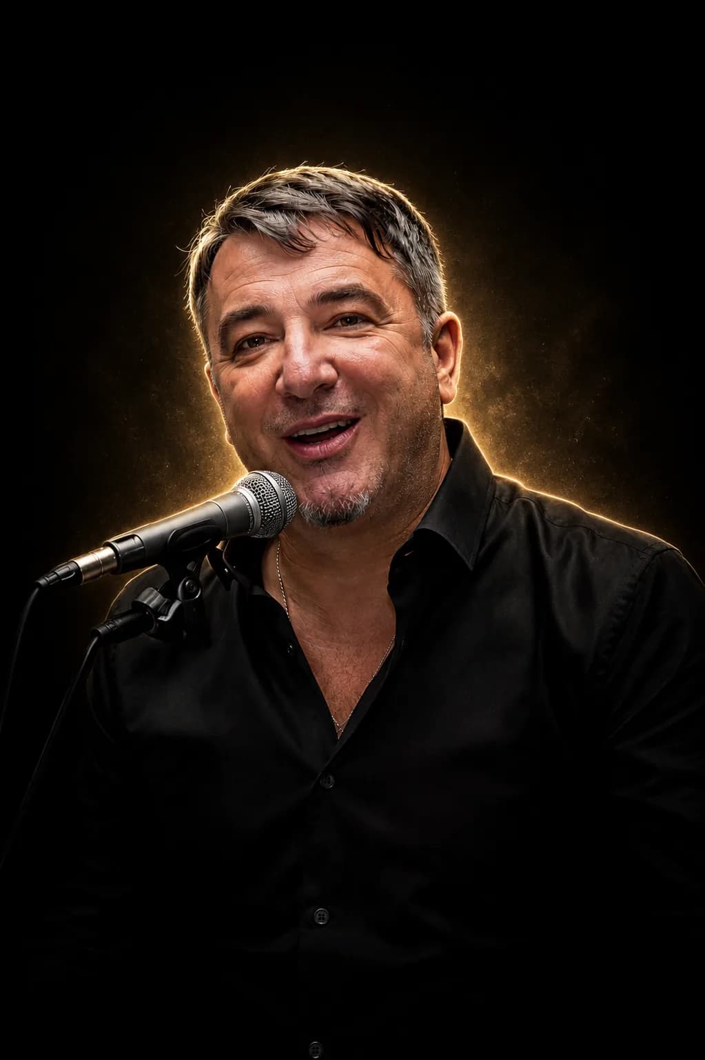 Hame Nalić singing into the microphone — live act of the Balkan Night at MIO Berlin